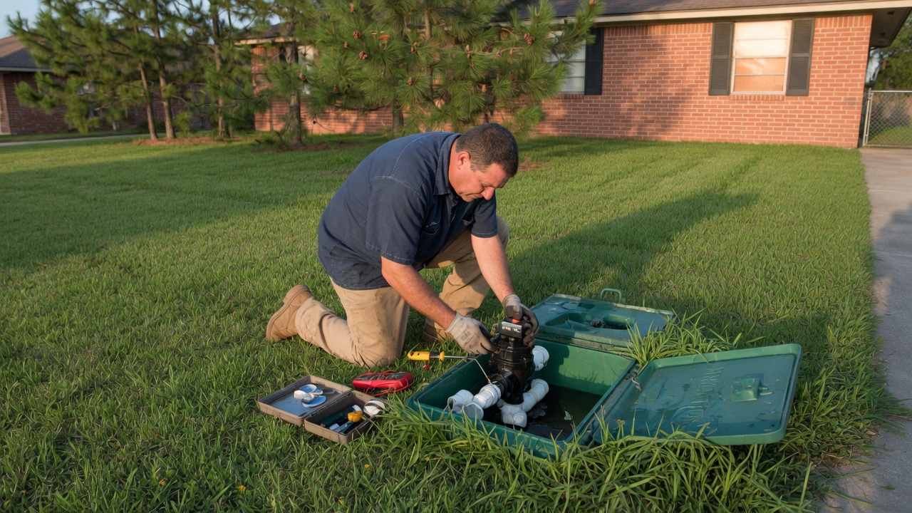 Bedford Sprinkler Repair technician talking with a Bedford homeowner