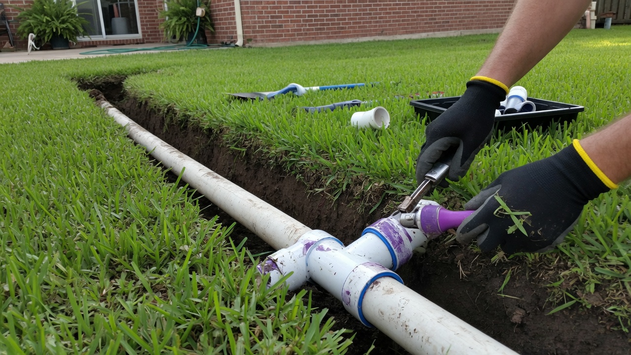 Bedford sprinkler pipe repair in a lawn trench